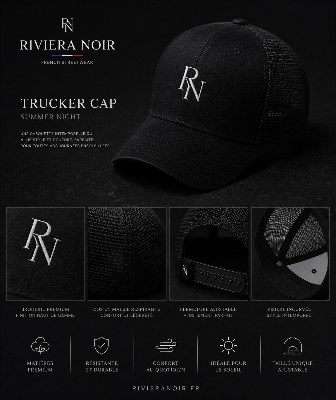 🖤 Casquette Trucker Riviera Noir – Summer Night